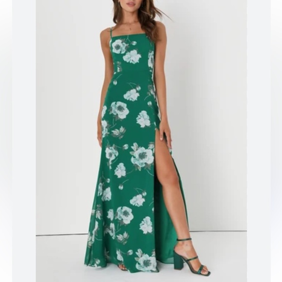 Lulus Dresses & Skirts - Lulus Feeling Elegant Green Floral Lace Up Slit Maxi Dress